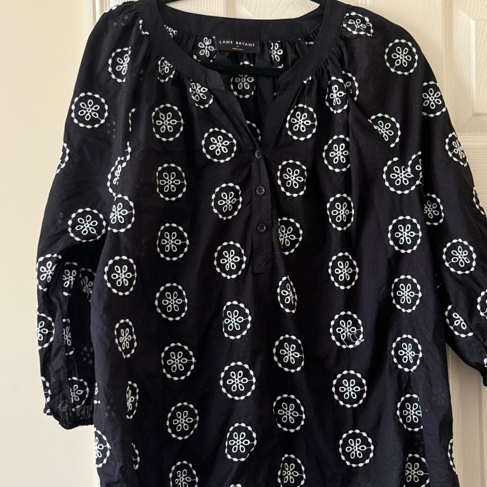 Lane Bryant Black Blouse with White Embroidered Circle Motif